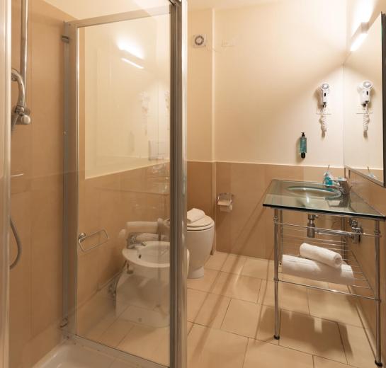 Modern bathroom with shower, bidet, and glass sink.